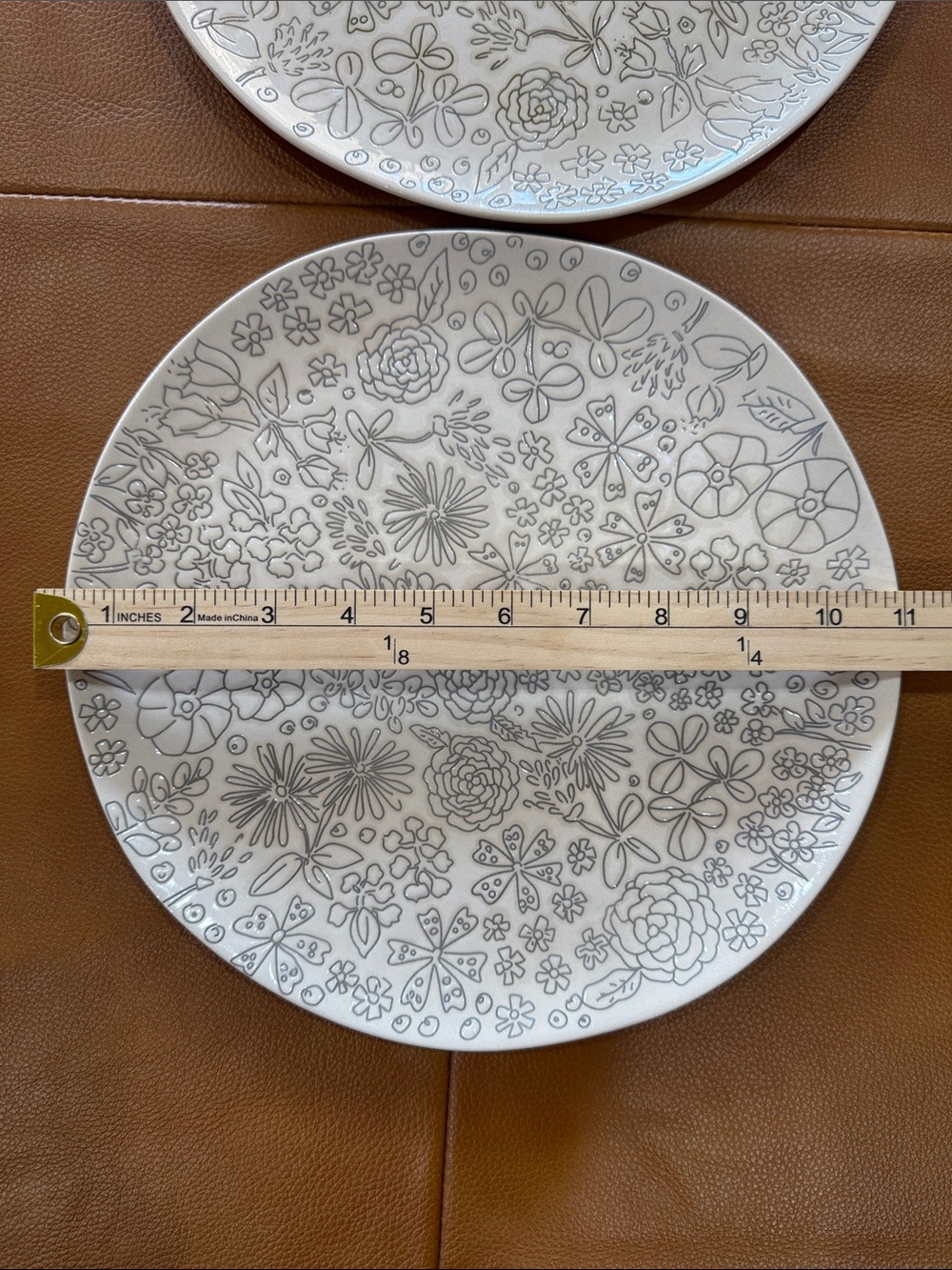 Two 11” cream Gray Floral Stoneware Dinner Plates Embossed Modern Cottage - Picture 8 of 8